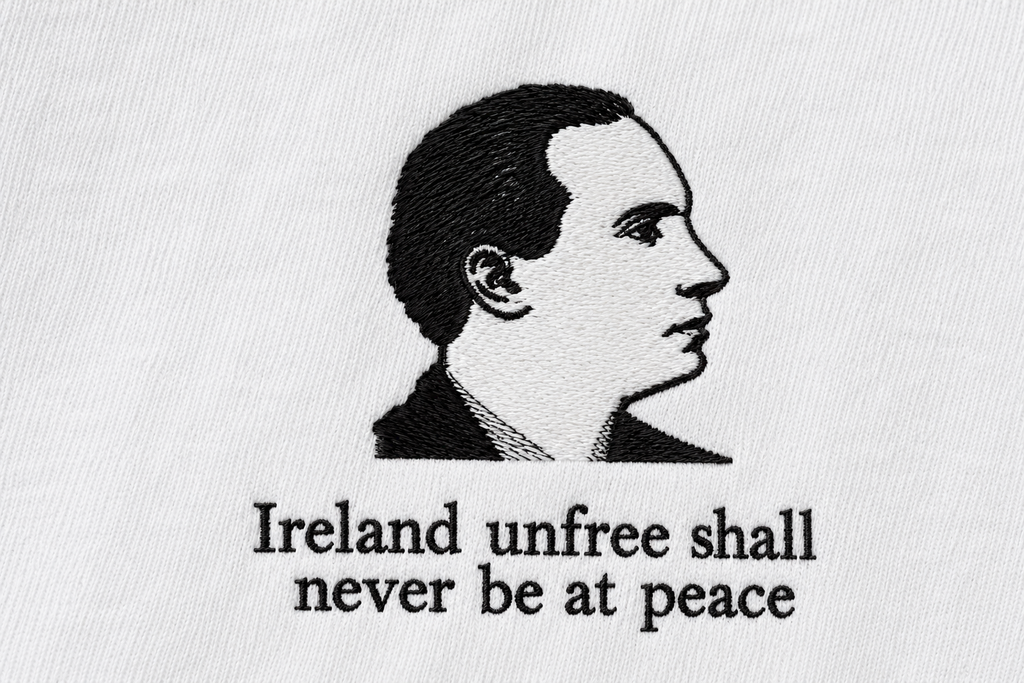 Embroidered Patrick Pearse portrait with the quote Ireland unfree shall never be at peace