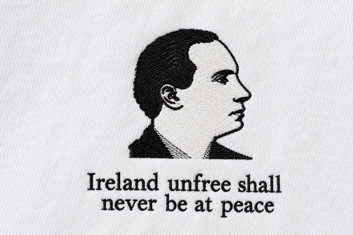 Embroidered Patrick Pearse portrait with the quote Ireland unfree shall never be at peace